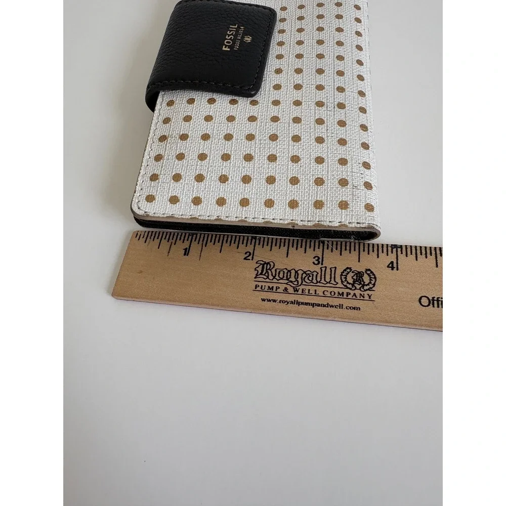 Fossil White Gold Polka‎ Dot Bifold Clutch Wallet Black Leather Snap Tab
